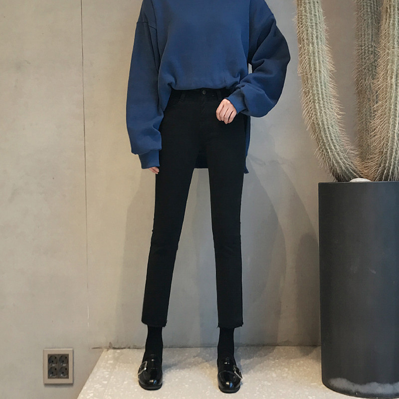 黑色牛仔裤女2021年新款秋冬高腰显瘦九分宽松阔腿加绒烟管直筒裤