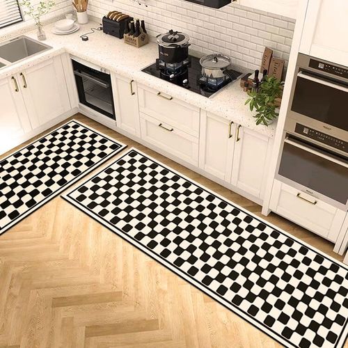 棕色格子厨房脚垫防滑吸水防油长条硅藻泥地垫可擦免洗l形地毯