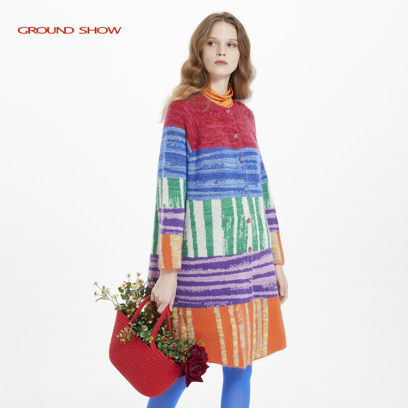 阁兰秀秋冬彩色条纹提花羊毛混纺针织开衫加厚毛衣外套中长款女装