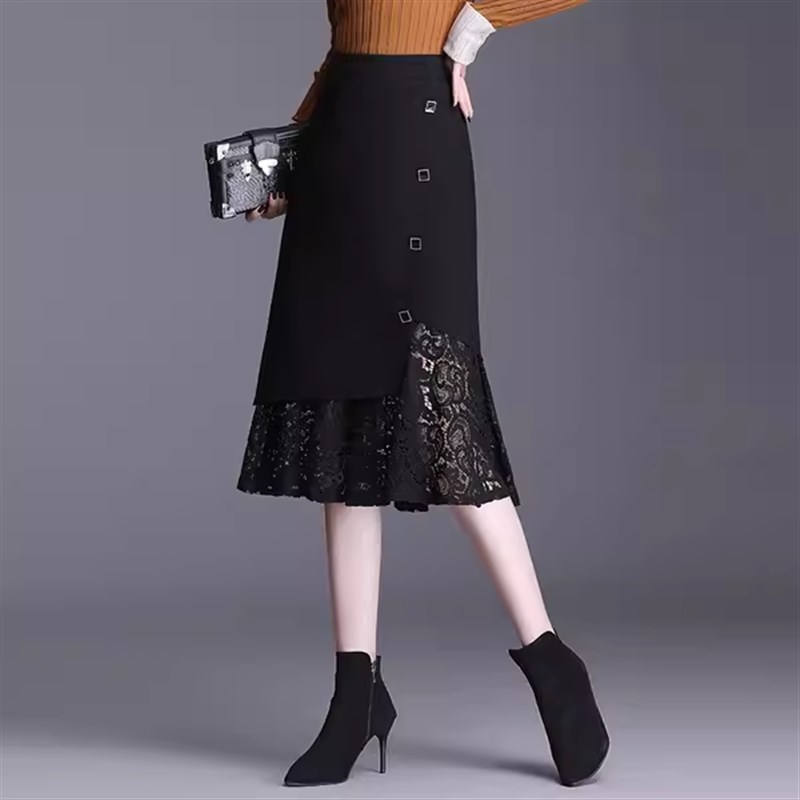 黑色鱼尾半身裙女2024年新款夏季蕾丝裙a字高腰垂感中长包臀裙子