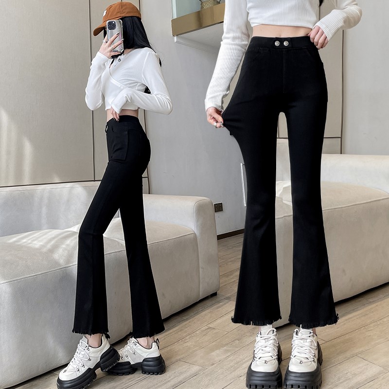 流苏边喇叭裤高腰显瘦女春秋啦喇叭裤黑色直筒微辣喇裤女弹力九分