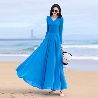 2021夏季新品雪纺连衣裙女长袖气质收腰显瘦长款大摆沙滩长裙子女