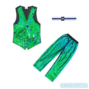 儿童舞台服装男童摇滚女童肚脐装架子鼓亮片马甲街舞演出服套装潮