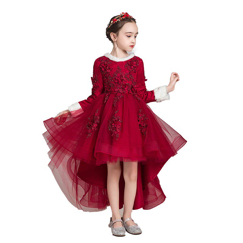 儿童礼服公主裙女童红色长袖加绒花童主持人钢琴演出服演奏秋冬季