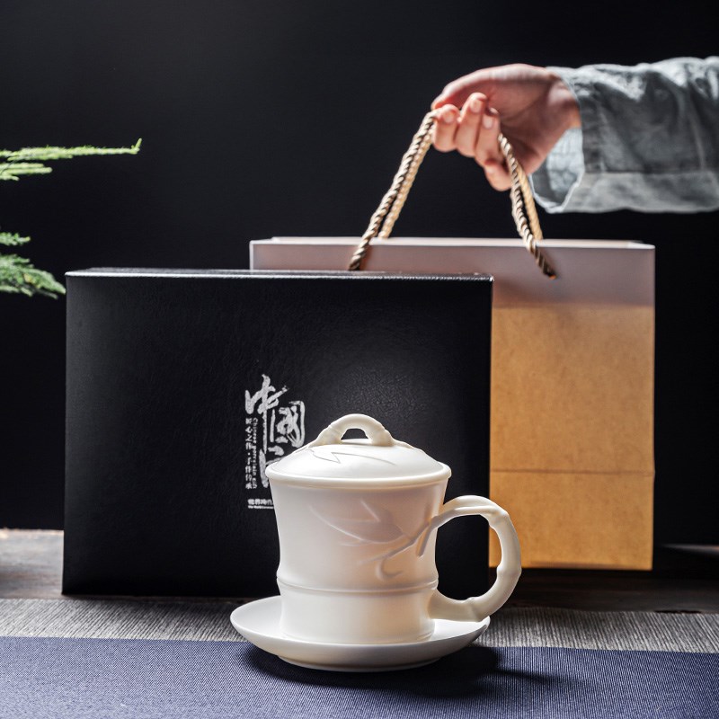 赢匠羊脂玉白瓷办公茶杯竹节大号带盖会议水杯支持logo定制刻字杯