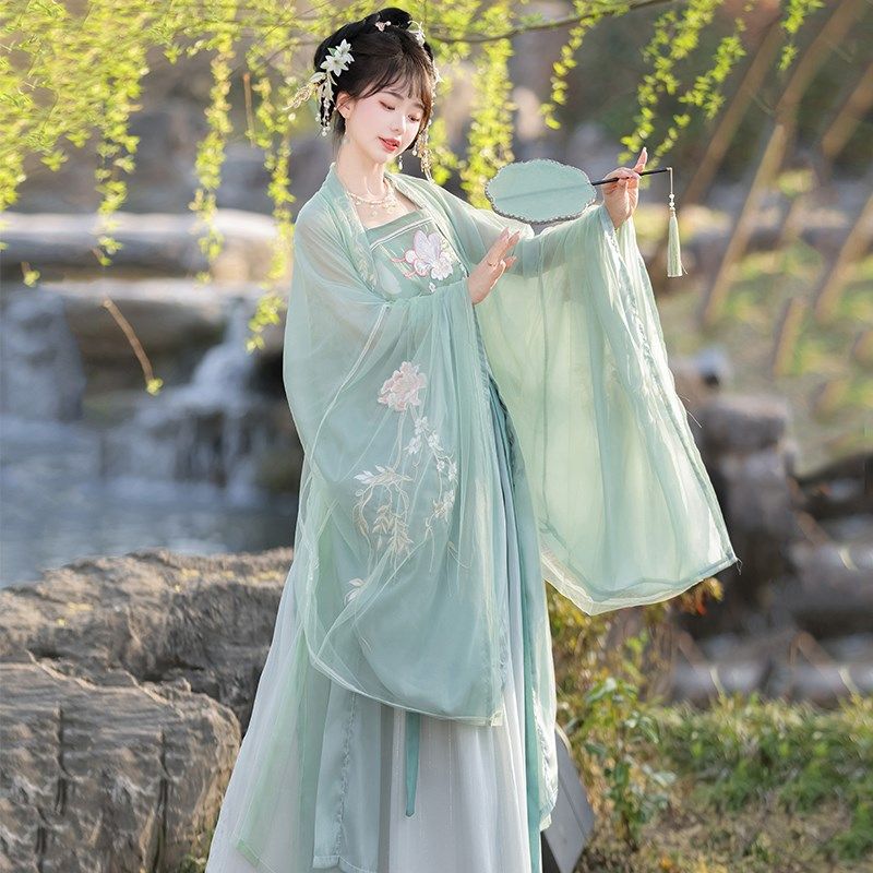 诃子裙汉服女款绿色唐制广袖流仙裙仙气飘飘改良版连衣裙古装夏季