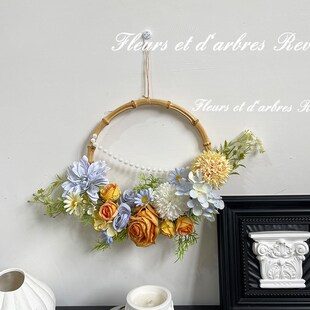 高级感莫奈花园玫瑰花竹节花环门楣门把手墙壁装饰花乔迁礼物挂件