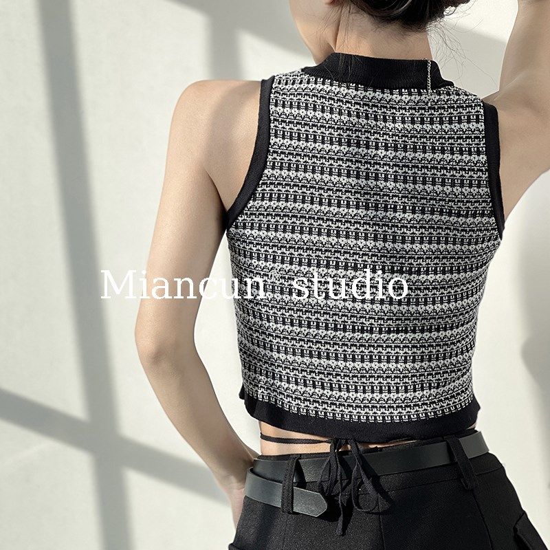 修身拼接黑色条纹绑带背心女短款外穿高腰漏脐打底吊带针织小上衣