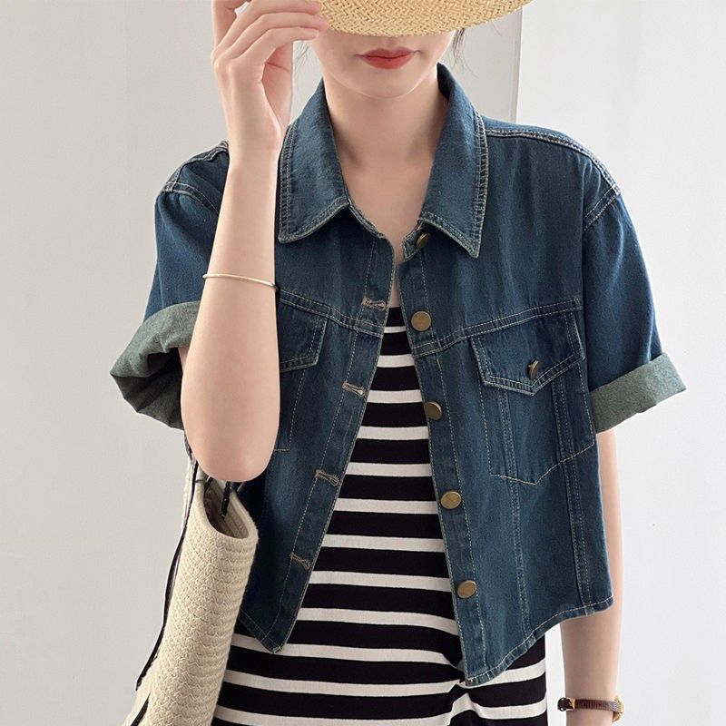 蓝色牛仔短袖衬衫小外套搭配裙子女2024夏季新款薄款宽松短款上衣,女装/女士精品,衬衫,淘宝优惠券,粉丝福利购,淘宝优惠卷