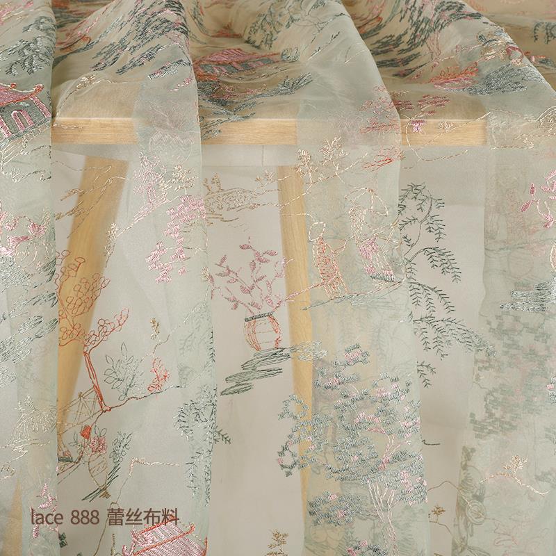 新款复古中式绣花面料亭台阁楼花纹裙子旗袍衣服布料网纱1.3米宽