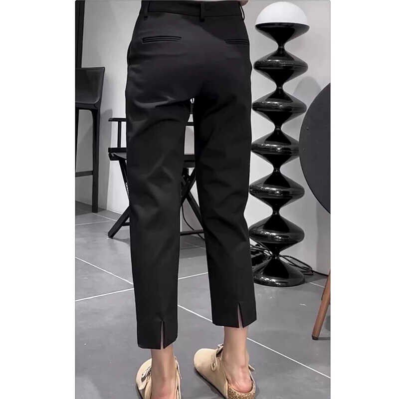 大码女装2024夏季高腰开叉直筒西装休闲裤胖mm遮胯显瘦九分烟管裤