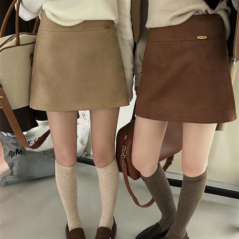 鹿皮绒高腰大码a字短裙秋冬遮肚半身裙复古防走光显瘦一步包臀裙