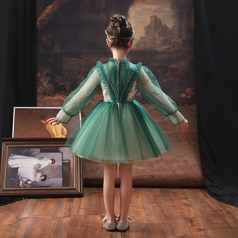 女童晚礼服公主裙女童生日花童婚纱主持人儿童钢琴演出服绿色春秋