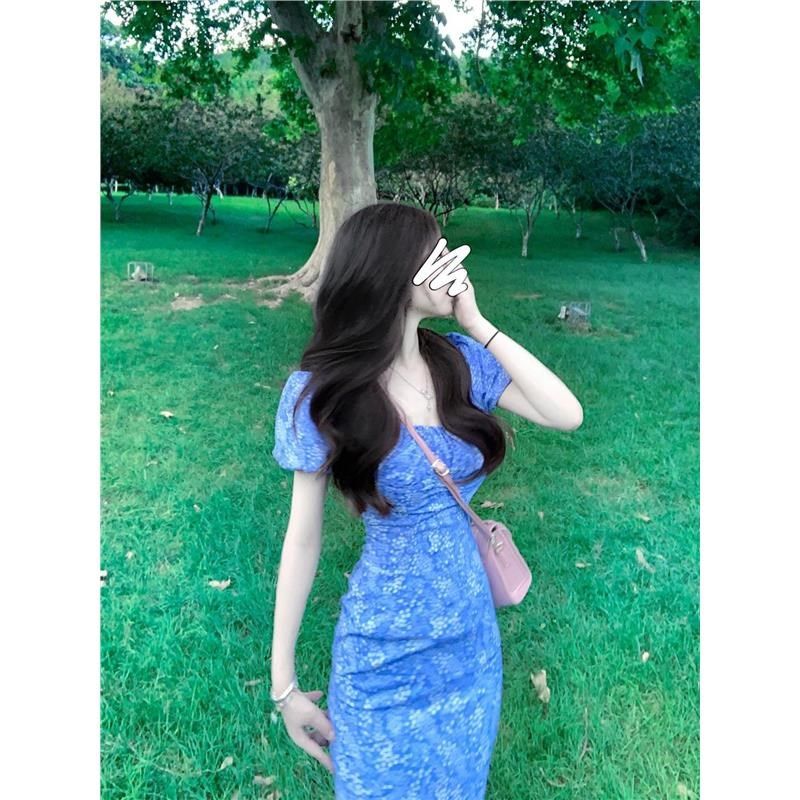 蓝色温柔度假气质修身法式开叉方领收腰包臀显瘦碎花连衣裙女夏季,女装/女士精品,真丝上装,淘宝优惠券,粉丝福利购,淘宝优惠卷