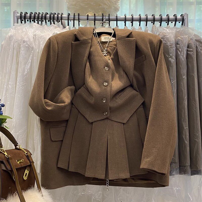 韩国东大门小个子马甲百褶短裙三件套毛呢西装外套A字套装裙子女