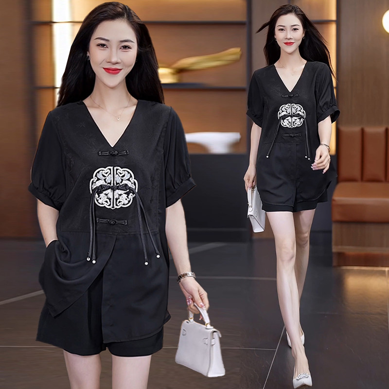 2024夏季时尚胖MM宽松显瘦大码两件套气质新中式日常短袖复古套装