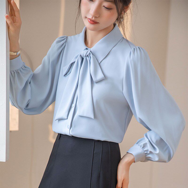 白色雪纺衬衫女秋款职业正装衬衣教资公考面试穿搭衬衫女