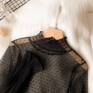 透明波点高领蕾丝打底衫女长袖沙t薄款秋冬薄纱纱衣内搭网纱上衣