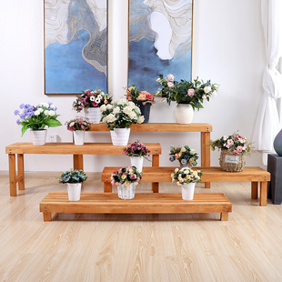 防腐木阶梯花架实木花店展示架多层阳台楼梯落地式三层梯形置物架