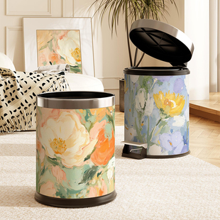 芊芊郡主油画风花卉高颜值家用客厅卧室垃圾桶大号大容量双层脚踏