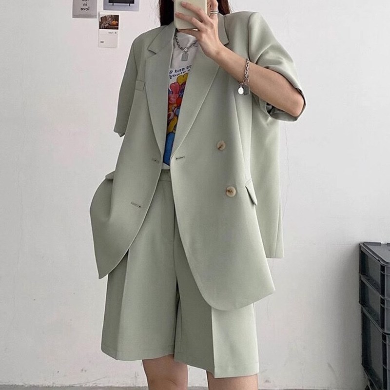 夏季大码薄款高级感西装套装女胖mm休闲中长款西服高腰短裤两件套