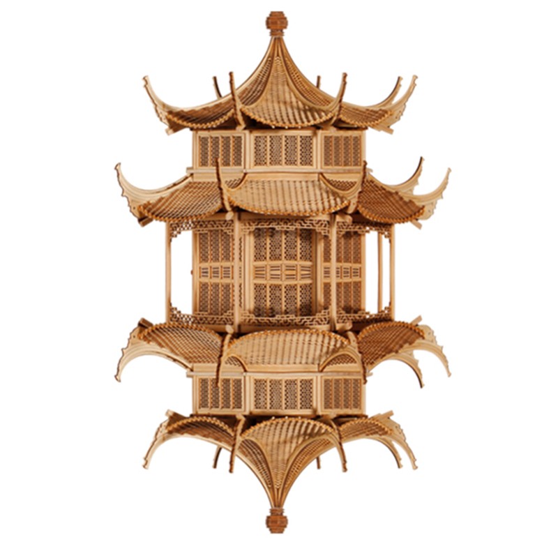 流时间禅意镜像倒影中式古建筑实木拼装模型成品定制装置艺术吊饰