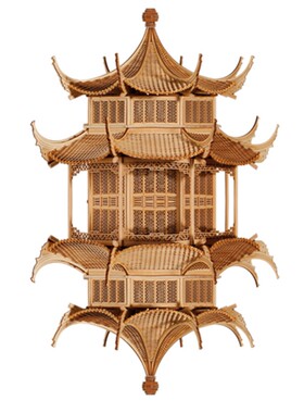 流时间禅意镜像倒影中式古建筑实木拼装模型成品定制装置艺术吊饰