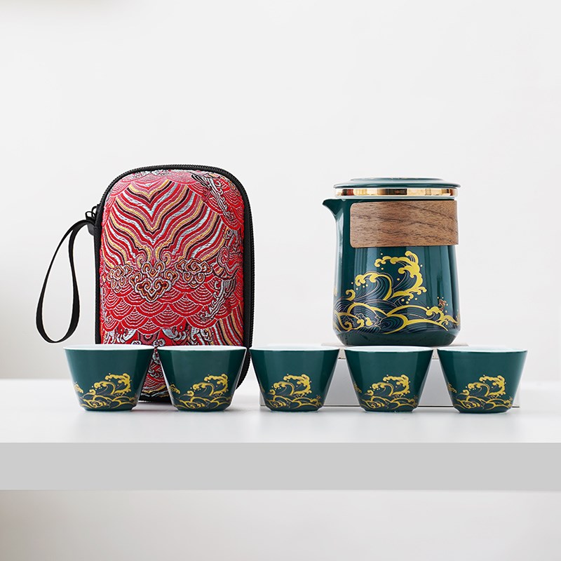 陶瓷户外旅行茶具套装收纳包便携式高端家用海浪一壶五杯定制logo