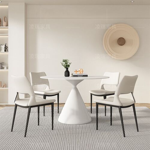 凌瑞家具家用小户型客厅圆形纯白色1米加底板哑光磨砂面岩板餐桌