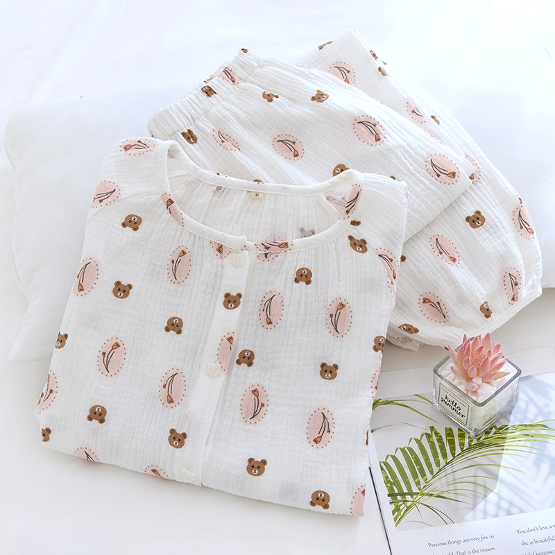 春夏秋薄纯棉泡泡棉纱可爱卡通熊圆领开衫宽松长袖家居服睡衣套女