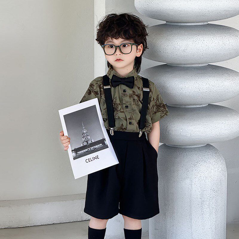 六一儿童小主持人钢琴演出服花童礼服夏季男童西装洋气背带裤套装