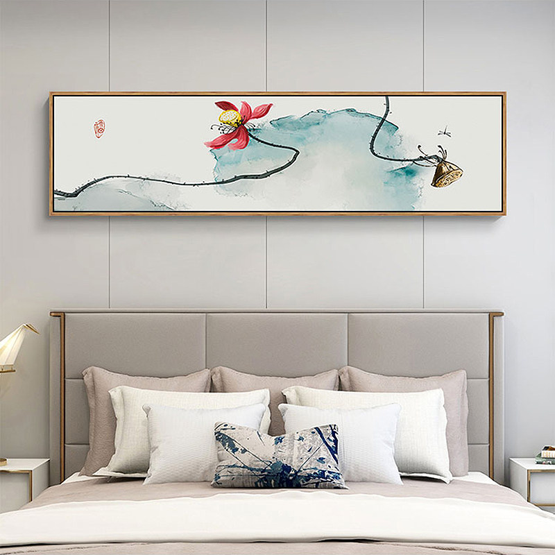 新中式卧室床头画主卧房间荷花装饰画蜻蜓游鱼老人房壁画客厅挂画
