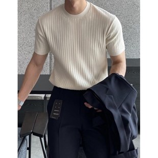 体恤 美式 小领口t恤肌肉男紧身弹力收腰短袖 针织衫 冰爽丝线衣紧袖