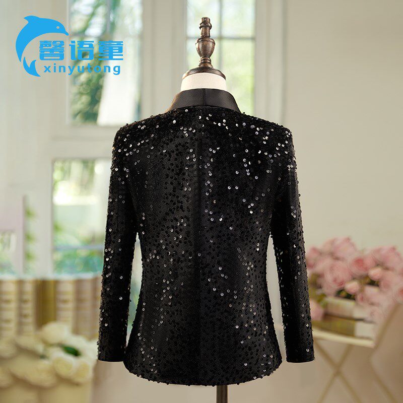 黑色男童亮片礼服儿童西装套装主持人宴会装男宝钢琴演出服正装