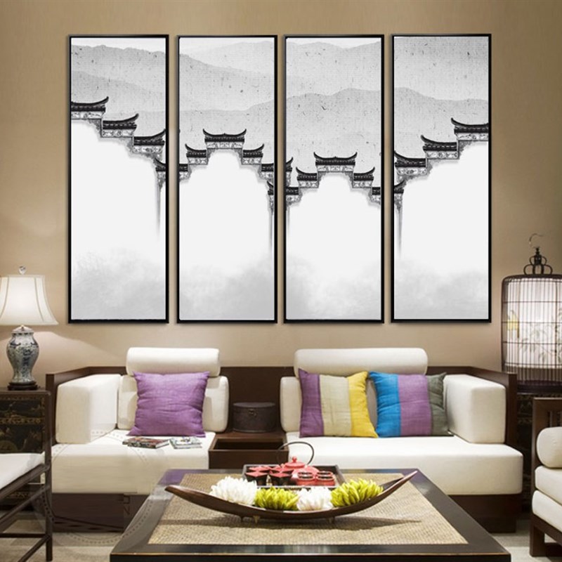 新中式客厅装饰画徽派建筑壁画沙发背景墙四联竖禅意挂画水墨国画