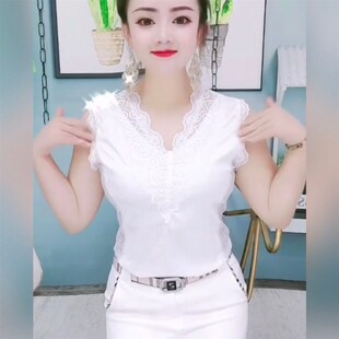 背心 牛奶丝拼接蕾丝V领砍袖 打底衫 女夏T修身 显瘦性感百搭洋气无袖