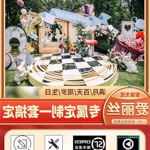 爱丽丝梦幻仙境女孩生日背景墙KT板定制满月宴周岁礼气球装饰布置