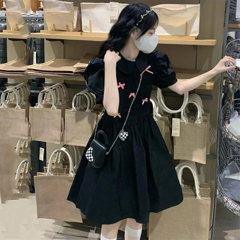 女童裙子夏装2023新款儿童娃娃领蝴蝶结连衣裙大童女孩黑色公主裙