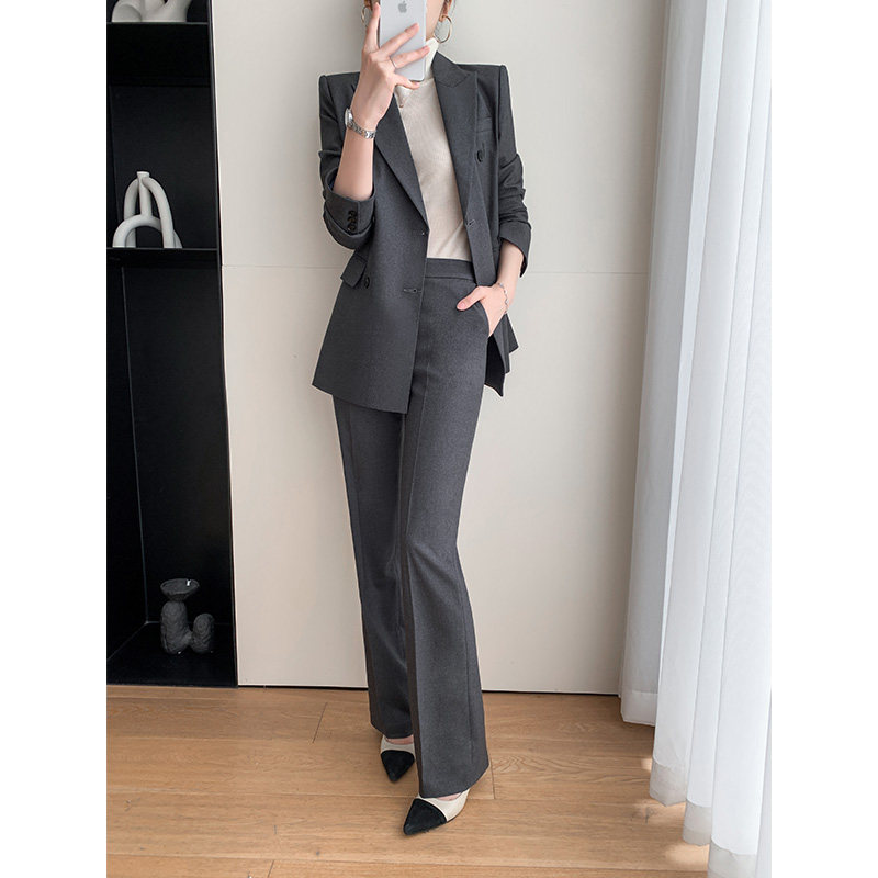 灰色西装套装女高级感春秋气质女神范职业正装阔腿裤休闲西服外套