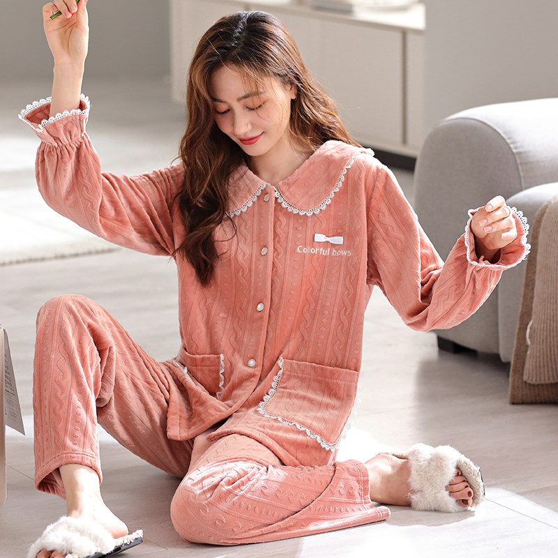 海岛绒睡衣女士春秋冬季珊瑚绒薄款加绒保暖高档法兰绒家居服套装