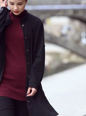 胖妹妹显瘦衬衫薄外套女初秋套装 纯棉开衫两件套半高领打底毛衣