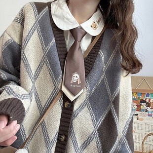东京诗菱形格V领针织开衫 海月社JK 毛衣外套女秋冬学院风慵懒上衣