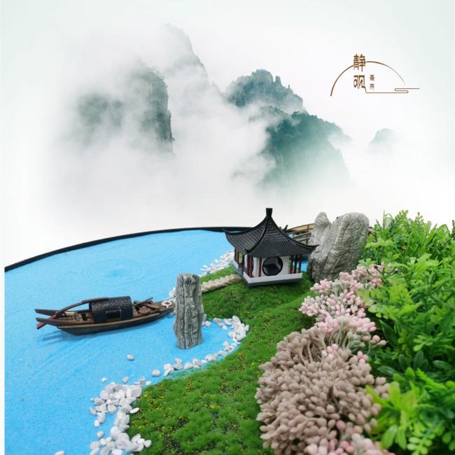 中式酒店餐桌旋转圆台面装饰摆台桌面景观布景禅意太湖美桌花摆景