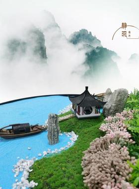 中式酒店餐桌旋转圆台面装饰摆台桌面景观布景禅意太湖美桌花摆景