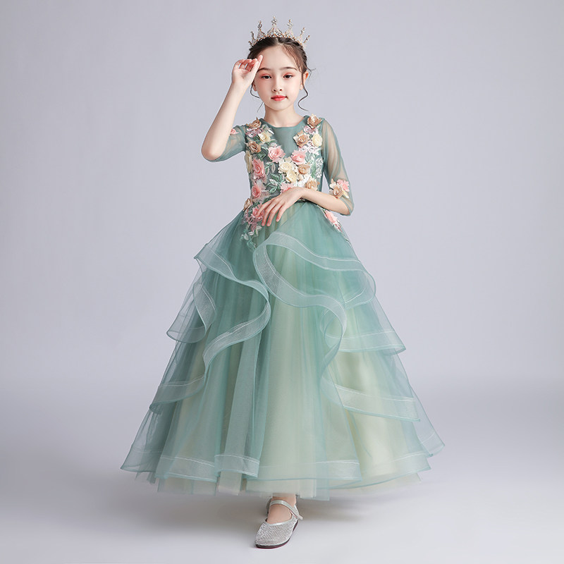 女孩走秀礼服公主裙蓬蓬纱生日女孩主持人儿童钢琴演出服绿色高端