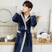 浴袍大码 珊瑚绒连帽浴衣男士 带帽子 到脚踝秋冬季 超长睡袍男加长款