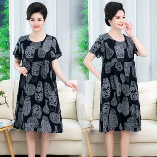 胖妈妈遮肚子显瘦棉绸连衣裙短袖 夏装 中老年女裙子 女装 200斤大码
