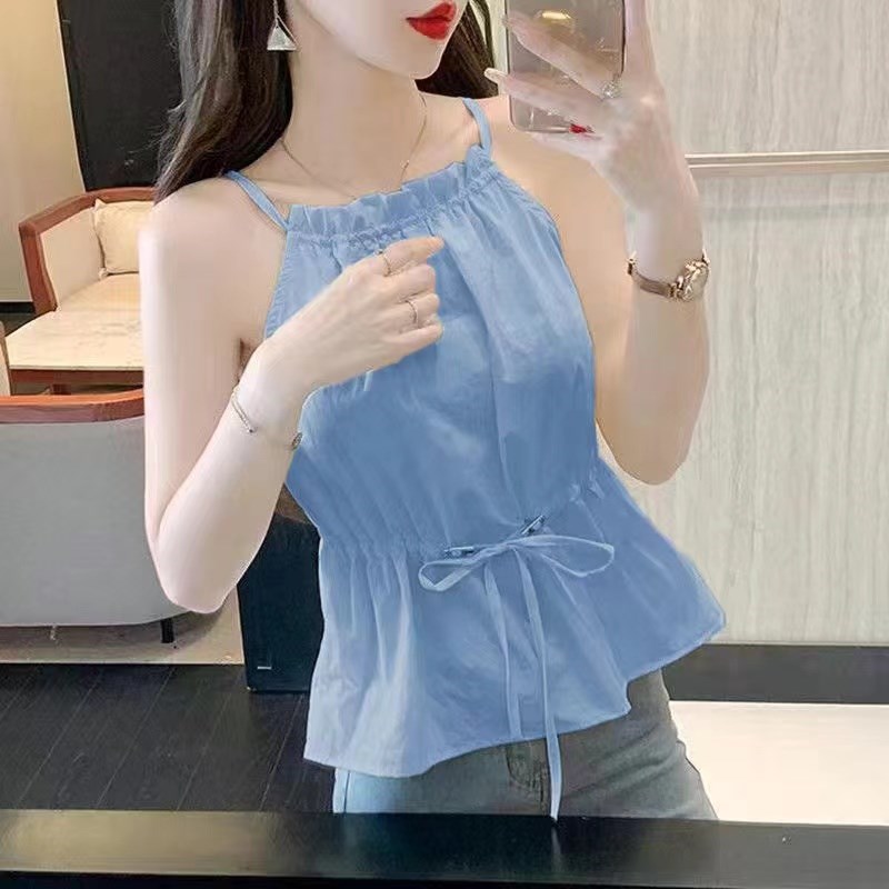 挂脖吊带背心女内搭2024夏季新款时尚宽松显瘦抽绳无袖雪纺上衣潮