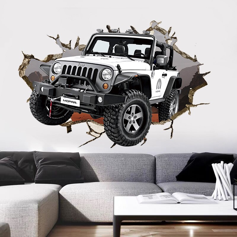 越野车破墙壁纸大型3D壁画客厅餐厅酒吧个性背景墙贴汽车穿墙墙纸