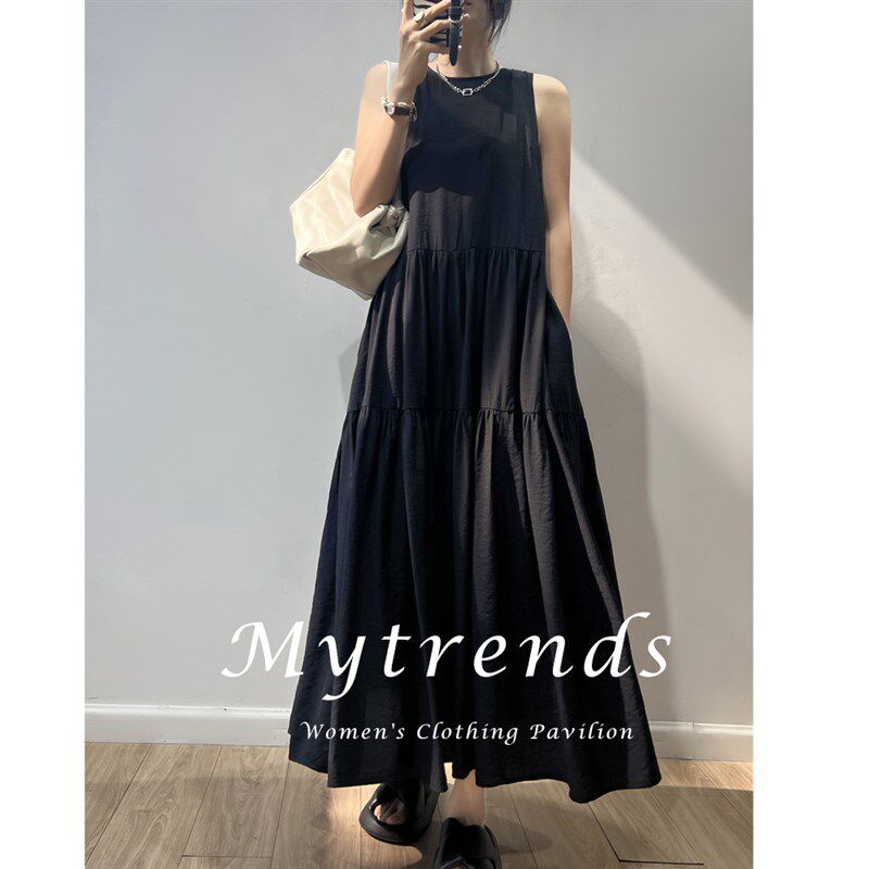 黑色背心无袖连衣裙子女夏季茶歇法式绝美长裙小个子海边蛋糕裙